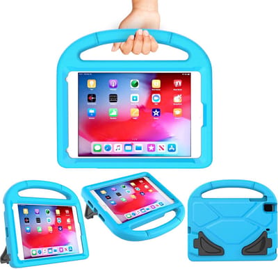 Tablethoes Geschikt voor: Apple iPad Mini 6 / Mini 7 / Apple iPad Mini 2021 8.3 inch - A2567 / A2568 / A2569 (A17 Pro 2024) Siliconen hoes voor kinderen Schokbestendig hoesje met handvat en standaard - blauw