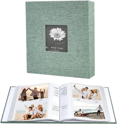 Linnen Fotoalbum met Venster, 200 Compartimenten voor Herinneringen, DIY Fotoboek voor Bruiloft, Verjaardag en Reizen, 15 x 10 cm, Groene Kleur