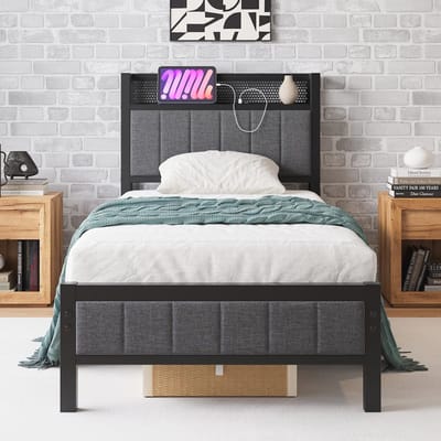 Bedframe met laadstation - Eenpersoonsbed Gestoffeerd - Slaapkamer Opfrissen - Ingebouwde USB-poorten - 90 x 200 cm - Donkergrijs
