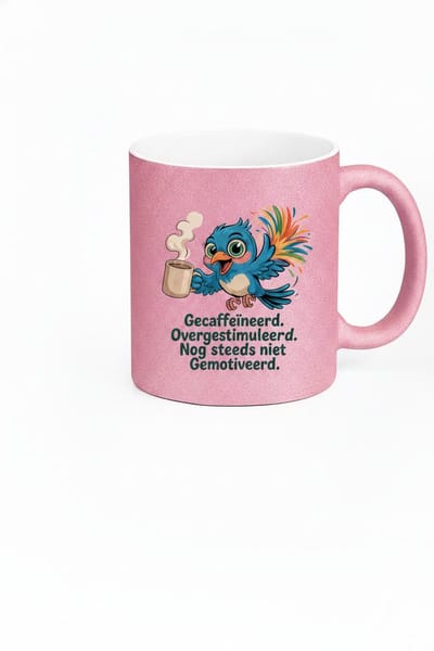 Grappige Koffiemok met Tekst 'Gecaffeïneerd, Overgestimuleerd, Nog Steeds Niet Gemotiveerd' – Vliegende Vogel met Koffie – Glitter Mok Roze – Cadeau Collega – Keramiek 330 ml