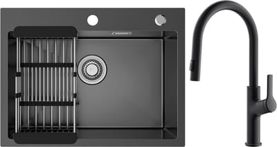 Sofetiy MAX Spoelbak Keuken 60x45cm - Spoelbak Keuken met Kraangat - Spoelbakken Keuken Met Keukenkraan met 2 straalsoorten - Spoelbak met Afdruipgedeelte - Antraciet