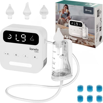 Lionelo Care BabyAir – Neusreiniger Baby – Krachtige Neuszuiger: 65 kPa – Zuigkracht 7,5 l/min – Draadloos: 1500 mAh – LED Nachtlicht – 9 Zuigstanden – 3x Zachte Siliconen Tips – USB-C – Elektrische Neuspeer / Aspirator – Neusdouche