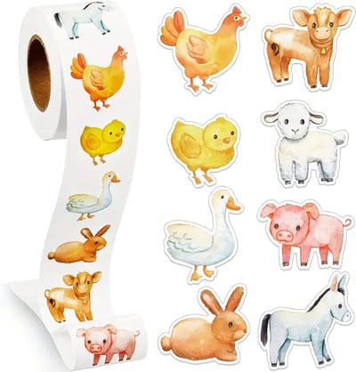 DW4Trading Stickerrol Vrolijke Boerderijdieren 500 Stuks - Sluitstickers - Ø 2,5 cm