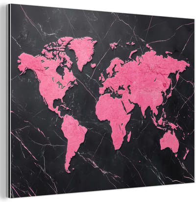 Aluminium schilderij 120x90 cm - Wanddecoratie metaal - Wereldkaart - Roze - Marmer - Metalen muurdecoratie woonkamer - Decoratie industrieel - Foto op dibond - Industriële accessoires slaapkamer