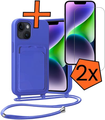 Hoesje Geschikt voor iPhone 13 Hoesje Met Telefoonketting Pasjeshouder Case Met 2x Screenprotector Koord - Hoesje Geschikt voor iPhone 13 Hoes Met Kaarthouder - Felblauw