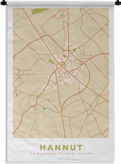 Wandkleed - Wanddoek - Kaart - België - Hannut - Plattegrond - Stadskaart - 120x180 cm - Wandtapijt