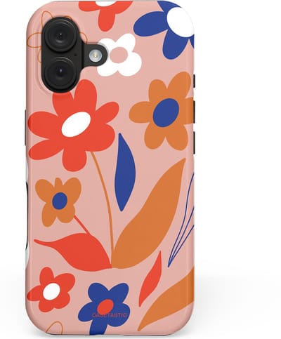 Casetastic hoesje geschikt voor Apple iPhone 16 - MagSafe - Dubbellaagse bescherming - Vormen in bloei - Fashion Case - Perzik Rood Donkerblauw