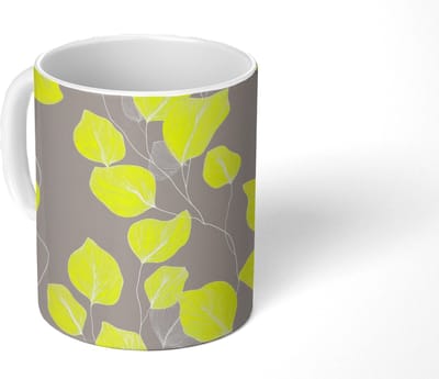 Mok - Koffiemok - Bladeren - Neon - Geel - Lijnen - Mokken - 350 ML - Beker - Koffiemokken - Theemok