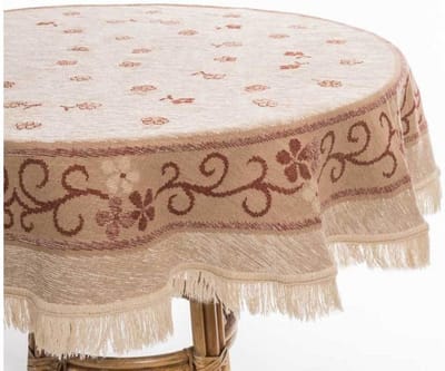 Handweef Tafelkleed Hortensia 1 - 150 cm rond - bloemen - beige - rood - chenille afgewerkt met franjes