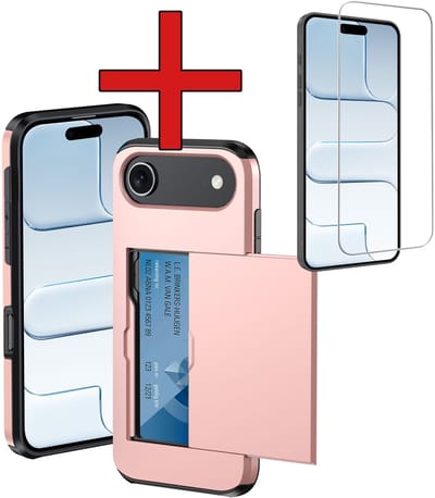 Hoesje Geschikt voor iPhone Air Hoesje Met Pasjeshouder Hard Case Met Kaarthouder Met Screenprotector - Hoes Geschikt voor iPhone Air Hoesje Pashouder Case - Rosé goud