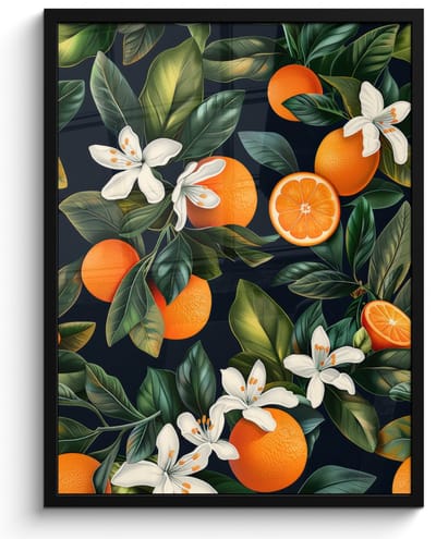 Poster in lijst - Fotolijst 50x70 cm - Posters - Sinaasappels - Bloesems - Bladeren - Tropisch - Posterlijst zwart - Decoratie - Wanddecoratie woonkamer - Muurdecoratie slaapkamer