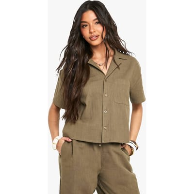 boohoo Dames Linnen Look Short Sleeve Shirt | Kaki | Maat: 36