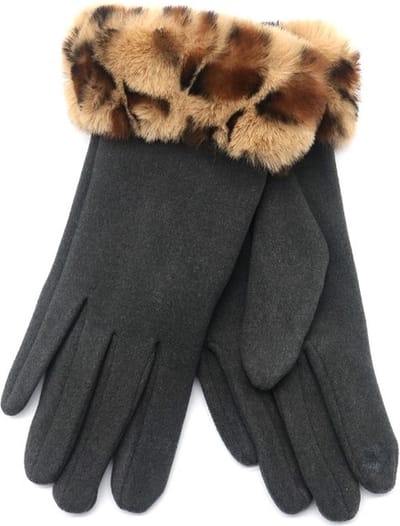 Dielay - Handschoenen - Imitatiebont met Panterprint - Dames - One Size - Touchscreen Tip - Grijs