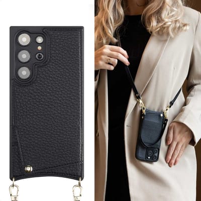 Selencia Hoesje - Geschikt voor Samsung Galaxy S24 Ultra - Backcover met koord en pashouder - Zwart