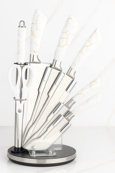 Lumière couture ® - 8 Delige Messenset met blok - Met schaar - Marmerlook - Messenblok - Messen Set - Messen Blok -