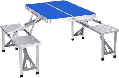 Opvouwbare picknicktafel - Kampeertafel stoelen - Buiten eten - Met paraplugat - 4 personen - Blauw