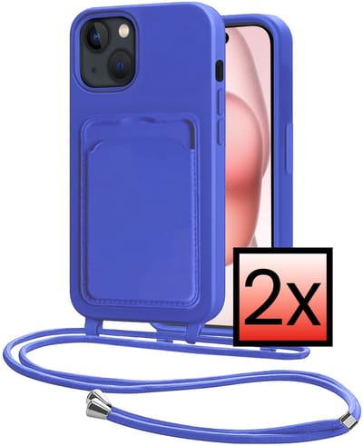Hoes Geschikt voor iPhone 15 Plus Hoesje Pasjeshouder Cover Met Koord Case Siliconen Hoes Met Telefoonkoord en Kaarthouder - Felblauw - 2 PACK
