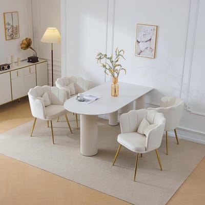 BLACKCOLORS Set van 4 moderne fluwelen salonstoelen, badkamerstoelen, gestoffeerde stoelen met bloembladvormige rugleuning, vergulde metalen poten en vlinderkussens voor de slaapkamer-eetkamer