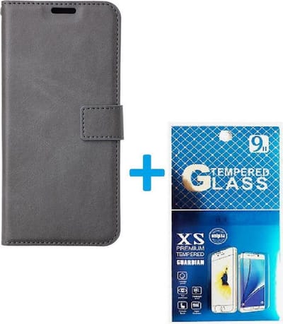 LuxeBass Boekhoesje en 2x Screenprotector geschikt voor iPhone 13 - Grijs gsm hoesje - telefoonhoes - telefoonhoesjes