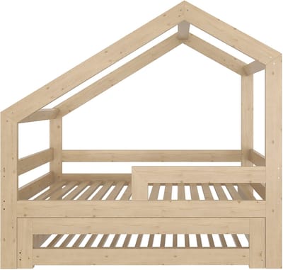 Need Sleep - Huisbed Kinderbed met uitschuifbaar logeerbed - houten uitschuifbed voor 2 kinderen - 160x80 / 140x70 cm - asymmetrisch