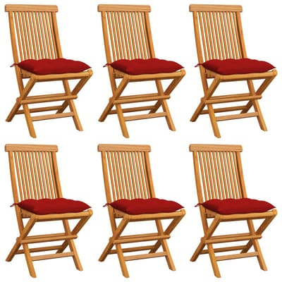 vidaXL - Klapstoelen - met - rode - kussens, - 6 - stuks, - massief - teakhout