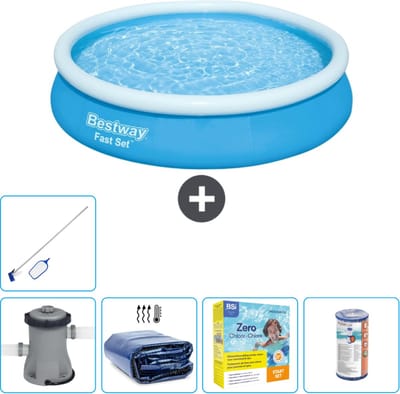 Bestway Rond Opblaasbaar Fast Set Zwembad - 366 x 76 cm - Blauw - Inclusief Pomp Solarzeil - Onderhoudspakket - Filter - Schoonmaakset