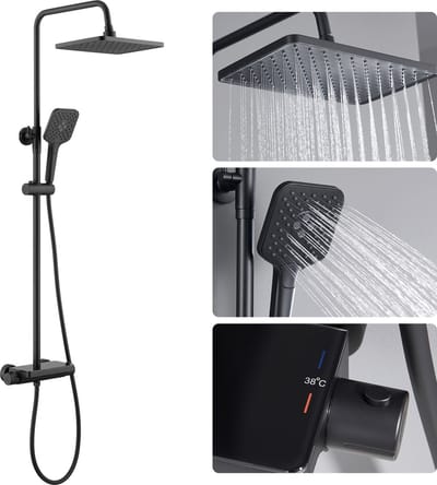Lonheo max Regendouche met Thermostaatkraan - Douchesysteem set Zwart - Hoofddouche en Handdouche - Douchekop met 150cm slang - 360° Draaibaar - Zwart