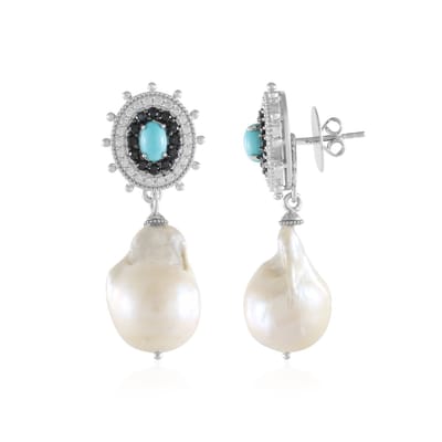 Cavill - Elegante Oorbellen - 925 Sterling Zilver - 2 Witte Zoetwaterparels 1 895 ct - Sleeping Beauty Turkoois - Zwarte Spinel - 41 mm