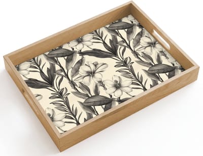 Dienblad hout 40x30 cm - Schootdienblad - Klassiek - Botanisch - Zwart - Beige - Borrelplank rechthoek - Plateau dienbladen