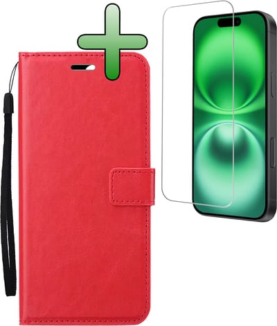 Hoesje Met Screenprotector - Geschikt voor Apple iPhone 16 - Luxe Pasjeshouder - Bookcase Portemonee - Flip Case - Kunstleer Book Case - Flipcase - Book Cover - Walletcase - Portemonneehoes - Rood