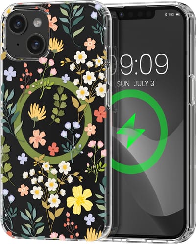 kwmobile Kristalheldere hardcase compatibel met Apple iPhone 14 Hoesje – compatibel met MagSafe – Acryl hoesje met TPU-rand – Charmante bloemen design
