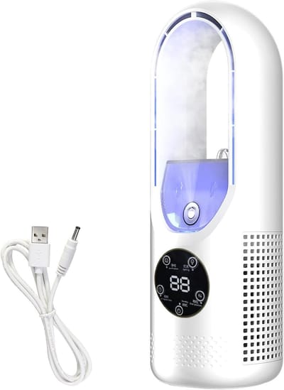 KZQ Kleine usb-ventilator met luchtbevochtiger, stille bureauventilator met 6 snelheden en 7 kleuren led-verlichting, geschikt voor slaapkamer en kantoor