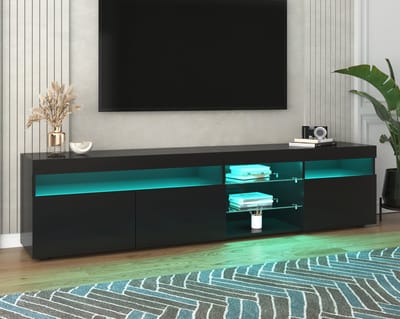 Tv-Meubel Hoogglans Zwart - Modern Lowboard 180 cm met LED Verlichting - Tv-Kast met Glazen Deuren - Dimbaar