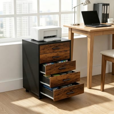 EGGREE Kantoorkast met 5 lades - verrijdbaar archiefkastje op 4 wielen - houten verrijdbaar ladeblok voor onder het bureau - smal ladekastje/printerstandaard - bruin - 40 x 40 x 69 cm