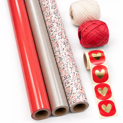 Inpakset Cadeaupapier – "Lovely Confetti" – Rood / Beige – 70 x 200 cm – 3 Rollen – Complete Set
