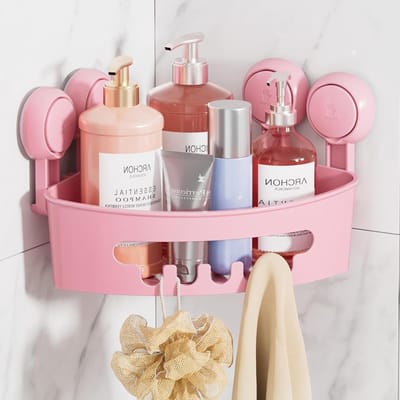 Hoekige zuignap douche caddy voor badkameropslag - Waterdichte en verwijderbare vacuum doucheplank voor shampoo en toiletartikelen, roze, zonder boren