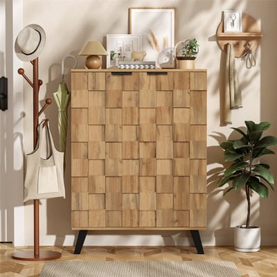 YEHTOKHOME Moderne Schoenenkast met 2 deuren - 5 vakken – Verstelbare planken - 80,5 x 35 x 109,5 cm - Zwarte metalen handgrepen - Houtlook bruin