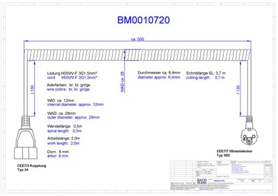 CEE 7/7 (haaks) - CEE 7/3 (recht) stroom spiraal verlengkabel - 3x 1,50mm / wit - 2 meter