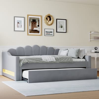 MEUNIQ Bedbank 140 x 200 cm met uitziehbed, LED-verlichting en lattenbodem, gestoffeerd tweepersoons bedframe voor slaapkamer, grijs