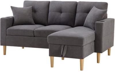 L-vormige moderne bank, 3-zitsbank met chaise longue, opbergruimte, ingebouwde bekerhouder, wordt geleverd met 2 kussens, geschikt voor woonkamer, kantoor, appartement, enz., video beschikbaar