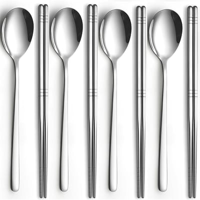 Eetstokjes en 4 lepels, Koreaans roestvrij staal, eetstokjes, lepels, keuken, herbruikbaar, metaal, plat, lange handgreep, eetstokjes, lepelset voor thuis, keuken of restaurant