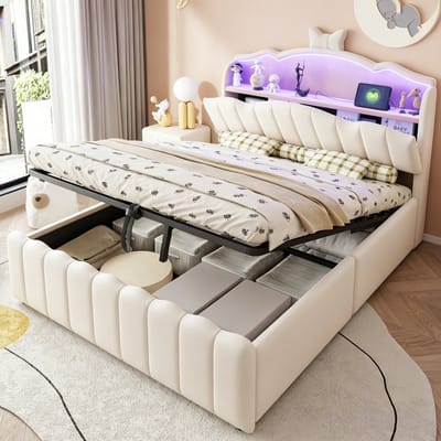 Kinderbed 140x200 cm - Tweepersoonsbed - Opbergbed - Multifunctioneel bed - Met hydraulische functie - Met Opvouwbaar hoofdbord - Met LED-lamp - Met opbergvak - Met USB-oplaadpoort - Veilig en comfortabel - Beige