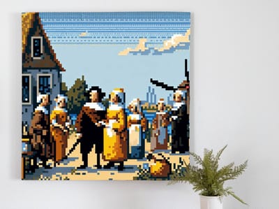 Pixel art vermeer schilderij | Vermeer's meesterwerk verweven in een pixelige kunstbeleving | Kunst - 60x60 centimeter op Canvas | Foto op Canvas