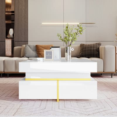 MODFU Hoge-glans salontafel met lade en gouden accenten, modern bijzettafel voor woonkamer
