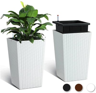 Stervia Set Van 2 Zelfwatergevende Bloempotten - Plantenbakken - Hoge Plantenbakken - Wit - 25.4 x 25.4 x 39.6 cm