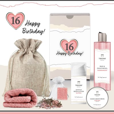 Geschenkset “16 Happy Birthday!” - 6 producten - 520 gram - Triomf Cosmetica | Cadeau voor haar Zestien Speciaal Cadeaupakket Feestje Wellness Luxe Giftset Douchegel Passievrucht Verjaardag Meisje Gefeliciteerd Sweet Sixteen Party Gift Set Roze