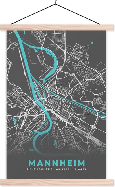 Posterhanger incl. Poster 40x60 cm - Schoolplaat - Duitsland – Blauw – Mannheim – Stadskaart – Kaart – Plattegrond - Textielposter - Blanke latten - Stadskaart