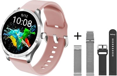Belesy® BQSiRgPk Pro - Smartwatch Dames – Smartwatch Heren - Horloge - 1.28 inch - Kleurenscherm - Stappenteller - Bloeddruk - Hartslag - 75+ Wijzerplaten – Zilver – Siliconen – Roze – extra polsband Milanees Zilver extra polsband Zwart - Kerstcadeau