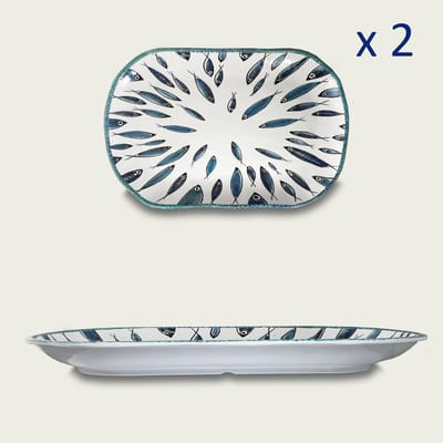 Arca Fish collection - Set van 2 Rechthoekige Melamine Schalen/Borden 30x20xH3cm – licht in gewicht – makkelijk stapelbaar – voor binnen en buiten