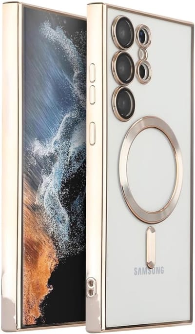 oTronica Hoesje aanstellen voor Samsung Galaxy S22 Ultra met Magnetisch Ring en Camera Lensbeschermer - backcover – Transparant/Goud